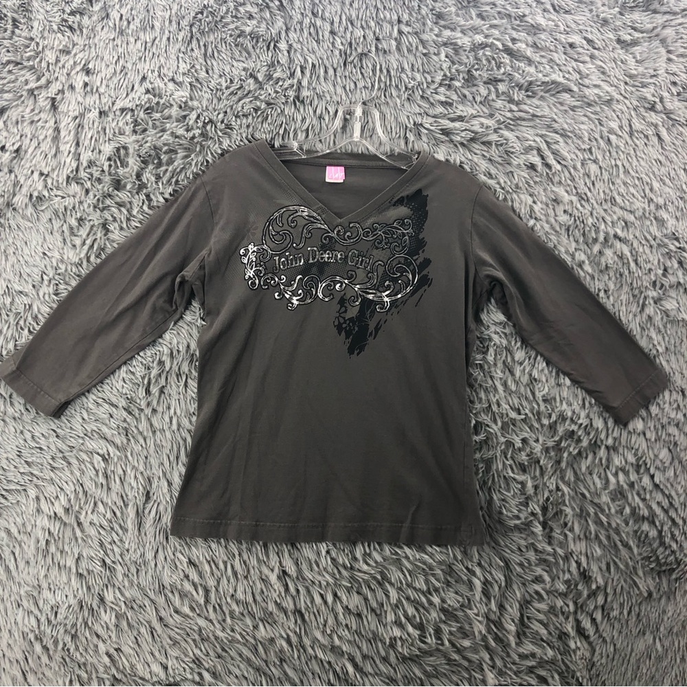 LAT John Deere Girl Womens Small Gray Black Embossed Vneck Shirt